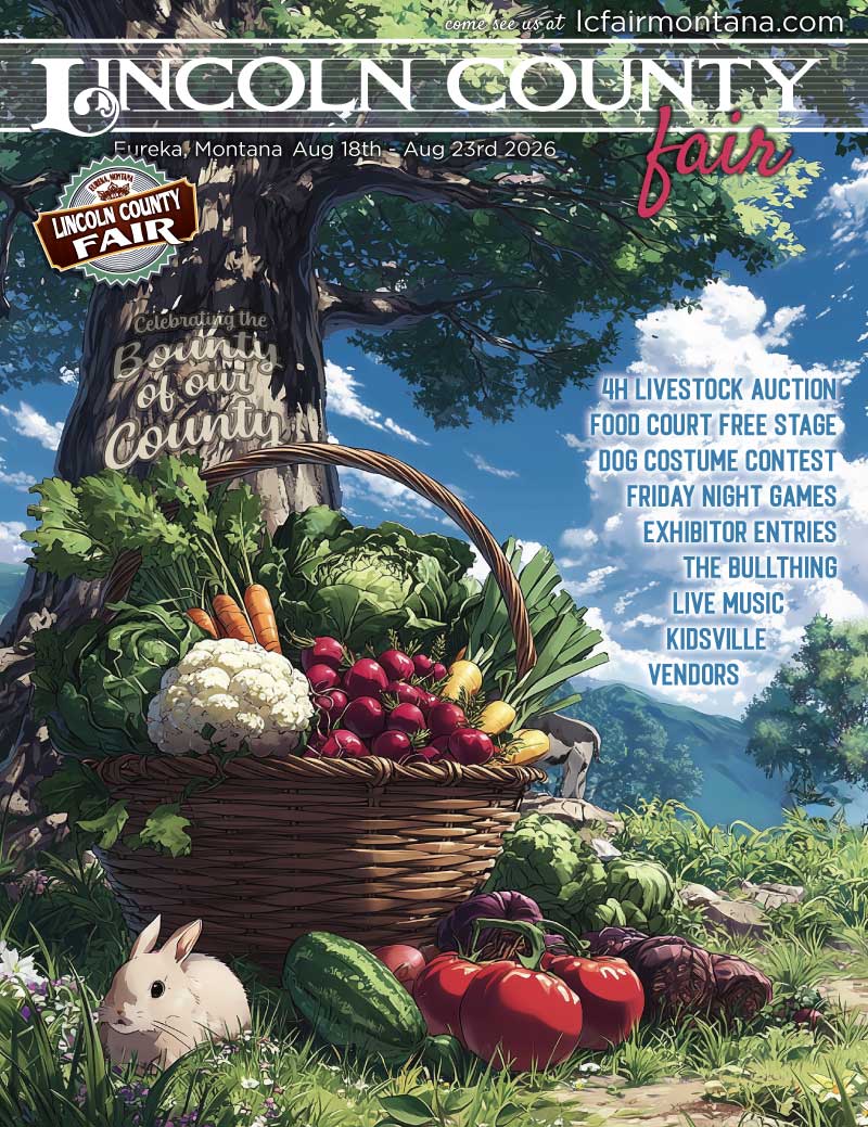 2026 Lincoln County Fairbook Cover image showing a basket full of fruit under the shadow of a majestic old tree with a small bunny in the foreground.